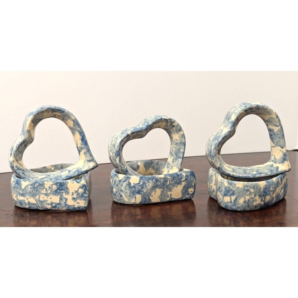 Vintage Blue White Spongeware Ceramic Heart Napkin Rings Set of 6 Country Farm